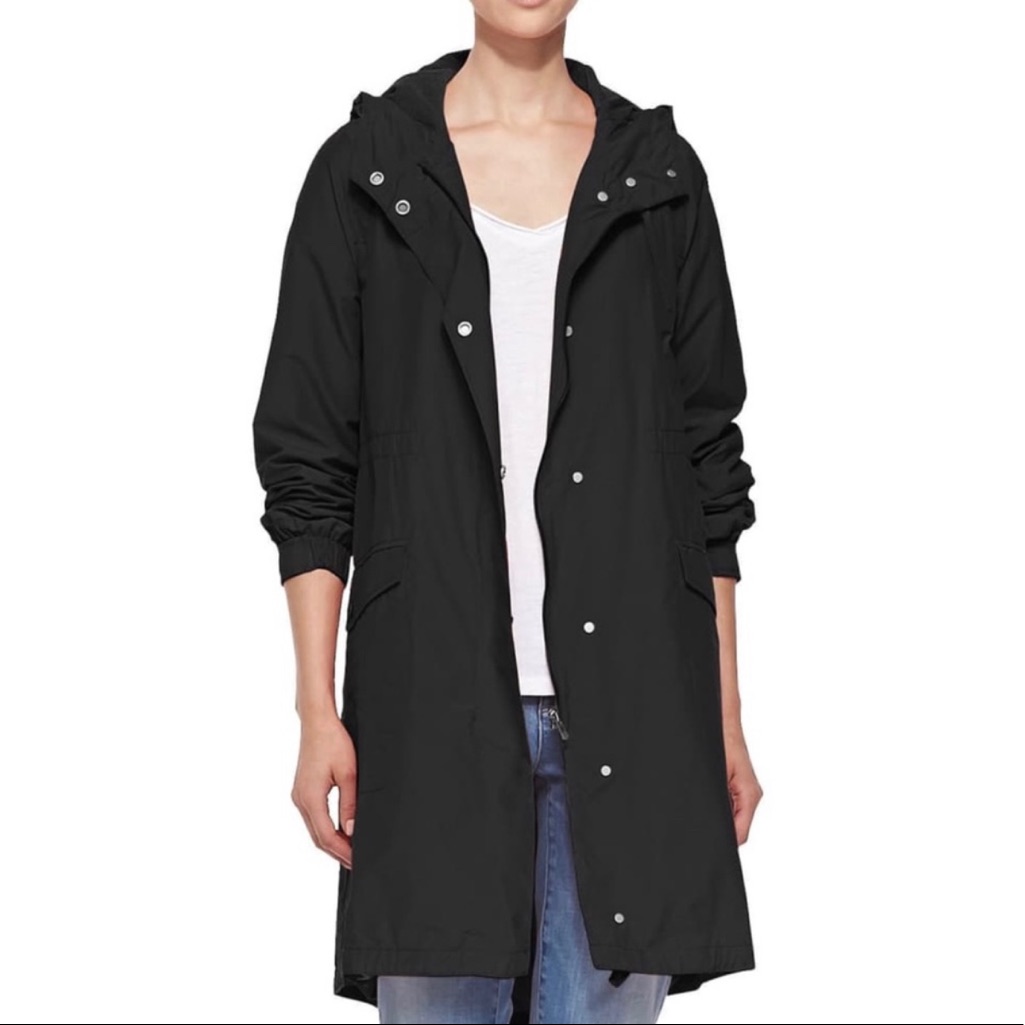 Eileen Fisher Black Hooded Button Zip Long Anorak Xxs